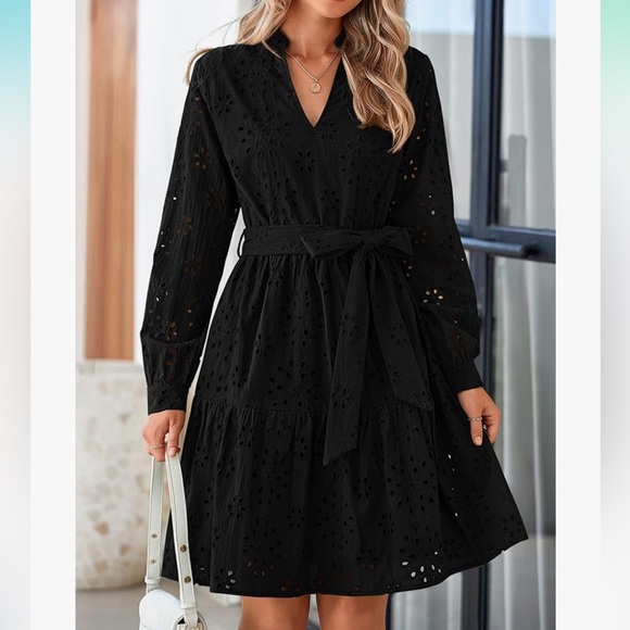 ☀️Black Eyelet hollow out Long Sleeve Dress - Picture 8 of 8
